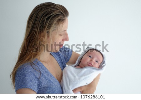 Similar – Image, Stock Photo Mother hugging her sleeping baby girl