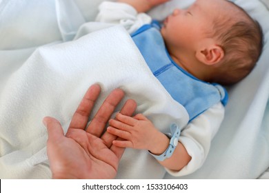 Mother Holding Her Newborn Baby Hand With Name Tag Bracelets. Infant Boy First Day Of Life In Bassinet Bed At Hospital.