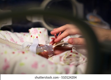 Mother Holding Premature Baby Hand In Incubator