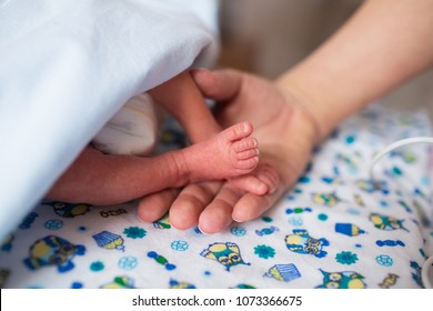 mother holding premature baby legs with neonatal infant pulse oximeter 