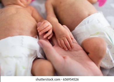 Mother Holding Premature Twins Hands