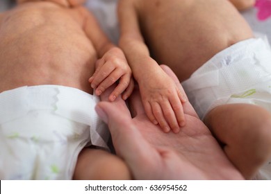 Mother Holding Premature Twins Hands