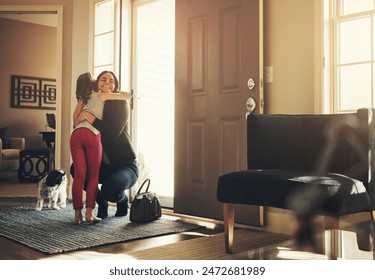 Mother, hug and child at door for welcome home, hello and excited reunion after business trip or travel. Happy family, woman or mom with bag and embrace kid in living room for support, care and love - Powered by Shutterstock