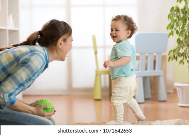 Mother Is Joying While Little Baby Boy Running To Her