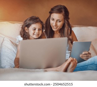 Mother, kid and tablet on bed with laptop for streaming subscription, cartoon and online video in home. Happy family, woman and girl in bedroom with technology for social media, bonding or child film - Powered by Shutterstock