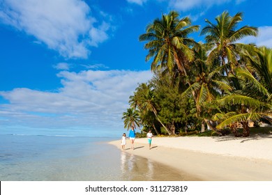 Mother And Kids Family At Tropical Beach On Rarotonga Island, Cook Islands, South Pacific