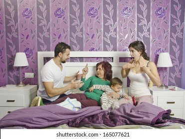 Mother In Law In Home Bedroom, Couple Problems Concept.