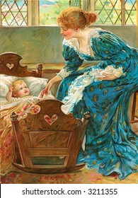 Mother Leaning Over Baby In Crib - Circa 1880 Vintage Illustration