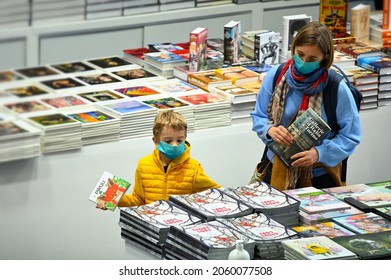 Mother And Little Child Son At Bookshop Wearing Protective Mask Turin Italy October 17 2021