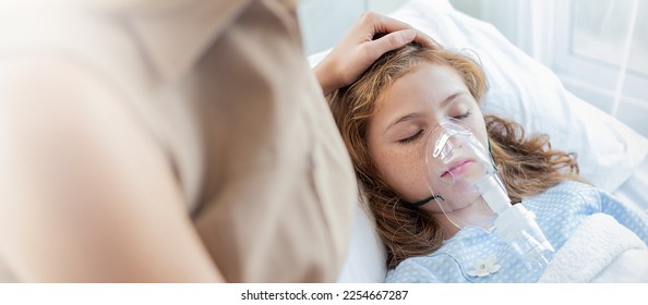 Mother and little girl suffer from pneumonia lying in hospital bed with oxygen mask. Poor kid patient with asphyxia breath in oxygen mask sleeping in bed at ward. Oxygen face mask of cute girl - Powered by Shutterstock