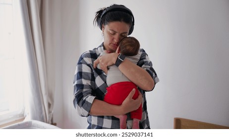 Mother lovingly cradling her baby in a serene, sunlit room, eyes closed and wearing headphones, capturing a peaceful moment of bonding and relaxation in a quiet home environment - Powered by Shutterstock