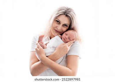 mother with a newborn baby boy, a young mother gently hugs her baby in a diaper, happy motherhood, mother's love. - Powered by Shutterstock