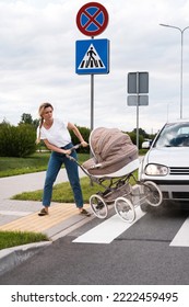 Mother On The Crosswalk After Car Accident When Vehicle Hits Her Baby Pram. Concepts Of Safety, Traffic Code And Insurance.