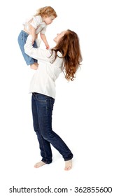 Mother Playing With Baby Girl, Happy Family Having Fun Indoor, Mom And Child Isolated On White Background.