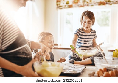 Mother, playing or happy kids baking in kitchen as a happy family with playful young siblings with flour. Dirty, messy or funny mom helping, cooking or teaching girls to bake for learning at home - Powered by Shutterstock