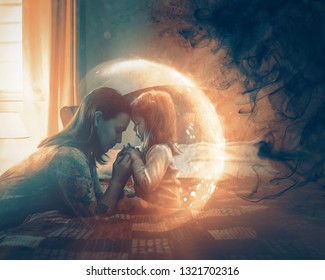 A Mother Praying For Her Child And A Light Shines Around To Protect From Darkness