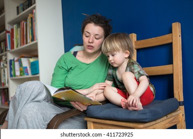 Mother Reading With Her Son At Home, Casual, Real Interior, Blue Wall, Lifestyle