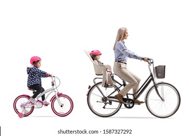 Mother Riding A Bicycle With A Child And Girl Riding Behind Isolated On White Background