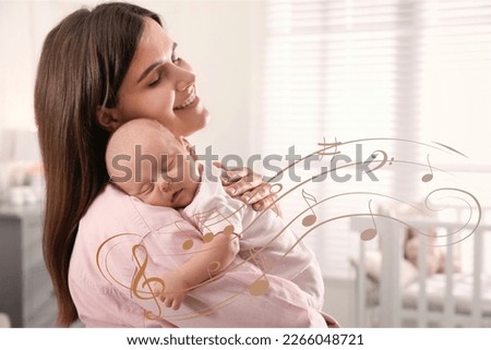 Mother singing lullaby to her baby at home. Music notes illustrations flying around woman and child