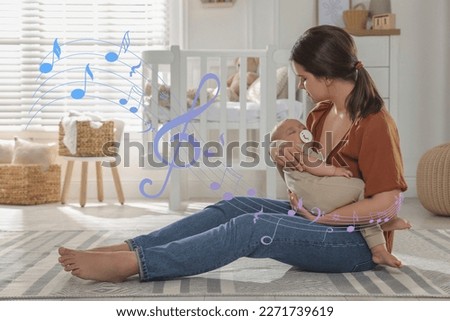 Mother singing lullaby to her sleepy baby in children room. Music notes illustrations flying around woman and child