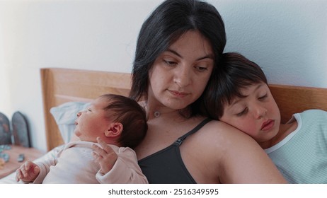 Mother sits with her baby and older child showcasing a serene and intimate family moment The baby sleeps peacefully in her arms while the older sibling rests against her reflecting familial love and - Powered by Shutterstock