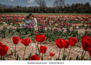 mother sitting with little daughter amidst big colorful tulip field - Shutterstock ID 2261218313