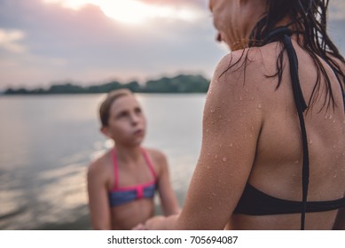 Mother Skin With Goosebumps From The Cold After Swimming In The River