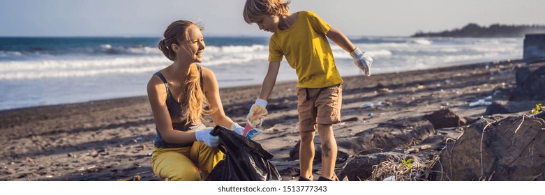 Mother and son are cleaning up the beach. Natural education of children BANNER, LONG FORMAT - Powered by Shutterstock