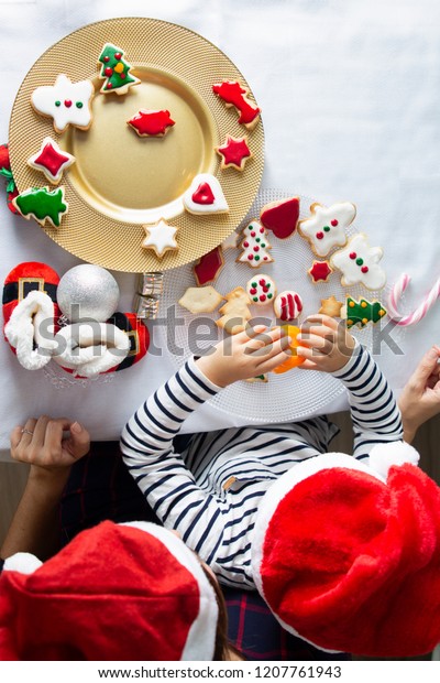 Mother Son Decorating Christmas Biscuits Home Royalty Free Stock