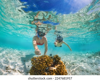 Madre e hijo descubren pequeños peces mientras se practica el snorkel en las Maldivas.
