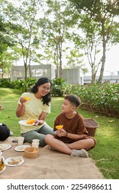 Mother and son eating fresh ripe oranges when enjoying family picnic - Shutterstock ID 2254986611
