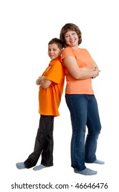 Mother And Son Full Length Portrait On White Background