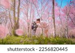 Mother and son holding hands and kissing each other in the forest park. romantic emotion moment. Pink Cherry Sakura Blossom in Thailand. for valentine