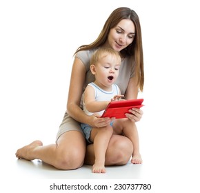 mother and son kid play with tablet computer isolated