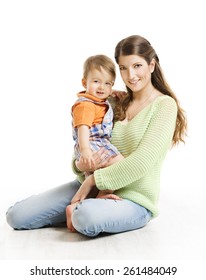 Mother And Son Little Kid Family Portrait, Young Woman With Small Child On Hands, Isolated Over White Background, Looking At Camera