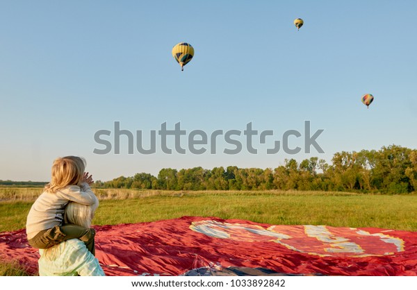 Mother Son Looking On Air Balloons Stock Photo Edit Now 1033892842