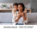 Mother Son Love. Happy Black Woman And Preteen Son Hugging At Home, Loving African American Family Of Two Mom And Male Kid Bonding And Enjoying Spending Time With Each Other, Copy Space