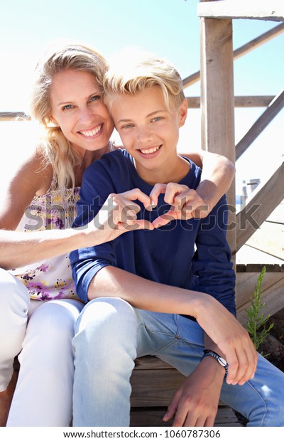 Mother Son Sitting On Wood Steps Stock Photo Edit Now 1060787306