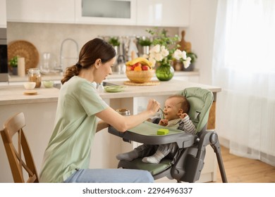 Mother spoon feeding her baby boy in the kitchen - Powered by Shutterstock