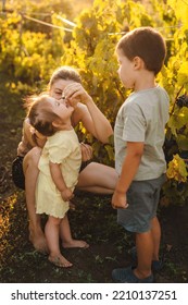 The Mother Standing With Her Two Children In The Vineyards, Feeding The Baby Girl With Grapes. Mother Nature. Summer Nature. Smiling Happy Child. Happy Family