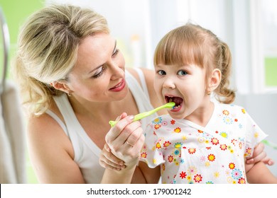 Mother Teaches Kid Teeth Brushing