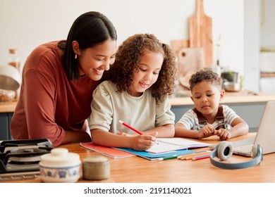 Mother Teaching, Learning And Education With Child Studying, Doing Homework Or Writing In Book During An At Home Lesson Or Homeschooling. Daughter In Early Childhood Development Enjoying Fun