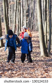 Mother And Three Children Walking In The Woods