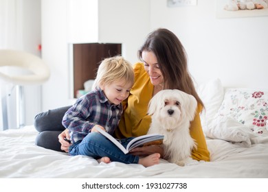 Madre, niño pequeño y cachorro perro, tumbado en la cama, leyendo el libro juntos, feliz tiempo familiar