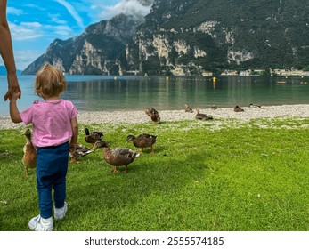 Mother and toddler playing with group of ducks on pebble beach in lakeside town Riva Del Garda, Trentino, Italy. Lake Garda surrounded by steep rugged mountain peaks of Garda Prealps. Summer vacation - Powered by Shutterstock