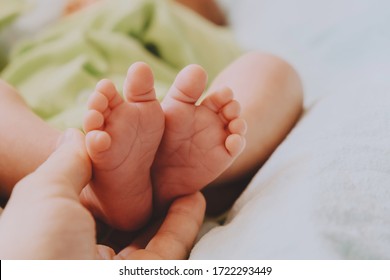 Mother Touching Cute Little Newborn Baby Feet. Maternity Concept.