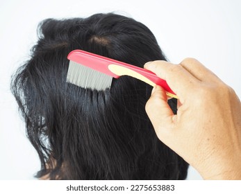 Mother using nit comb on her daughter's hair of anti lice treatment. Lice removal product concept. Closeup photo, blurred.