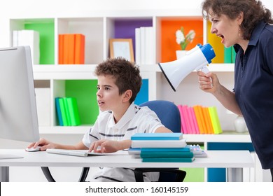 Mother Yelling At His Son, Boy Play Computer Games