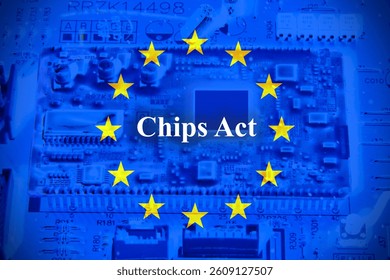Motherboard with European flag with words "Chips Act"