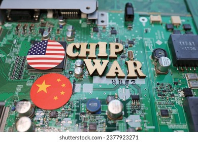 Motherboard and national flag. Image photo of the US-China semiconductor war.